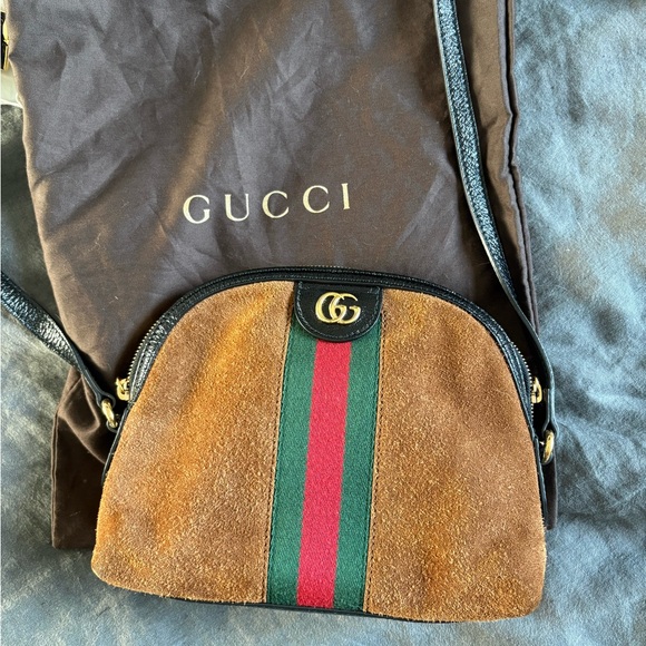 Gucci Handbags - GUCCI Ophidia suede and patent leather crossbody bag, brown and black